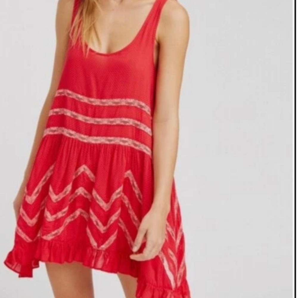 Free People Intimately Trapeze Red Black Lace Slip Dress, S